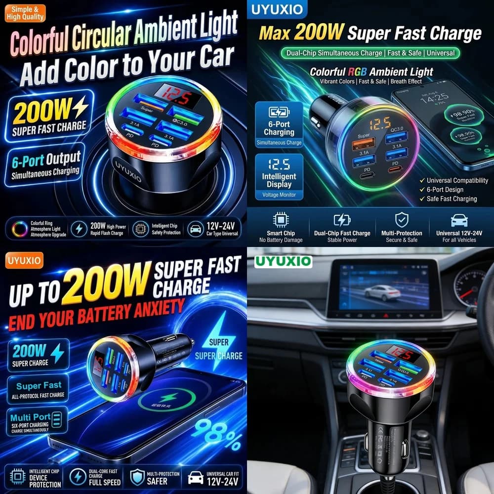 Multi Port USB C Fast Car Charger Electronics Products for iPhone 18 17 16 Samsung S26 S25 S24 with Digital Voltage Display Hub