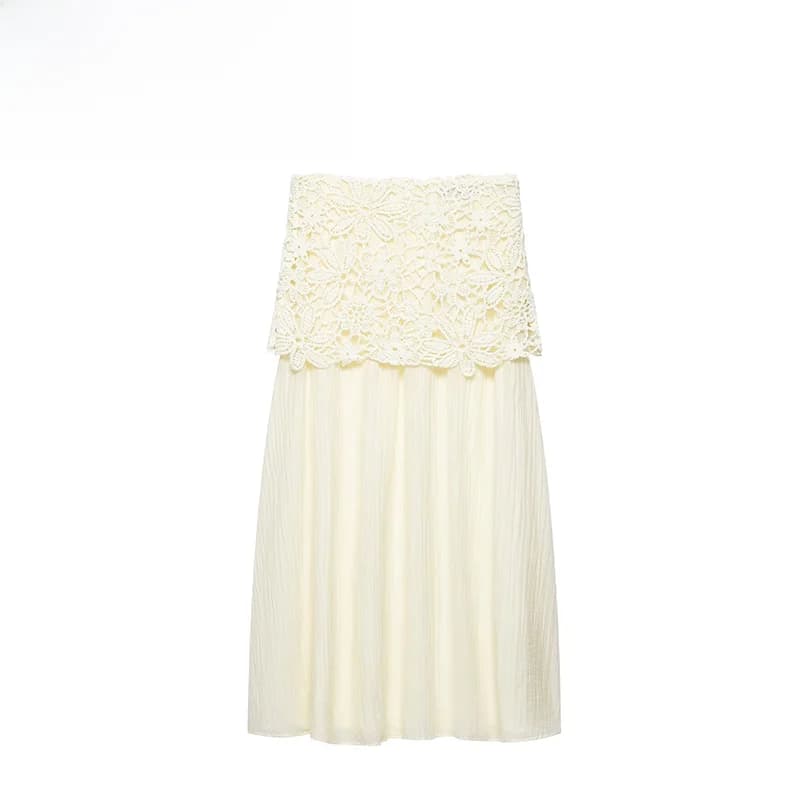 Fashionable ZR Women's Midi Skirt Hook Needle Splicing Summer New Style French Style Standard Fit Polyester Casual Skirt