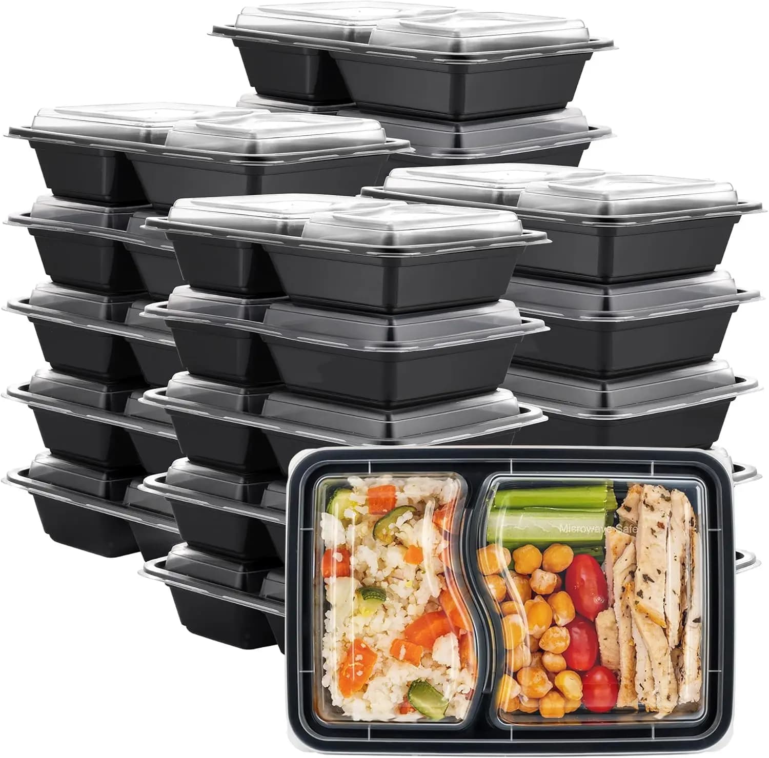 Contenitori per la preparazione dei pasti a 2 scomparti da 28 oz - Confezione da 50 con coperchi - Riutilizzabili, adatti per microonde, lavabili in lavastoviglie e congelatore, senza BPA