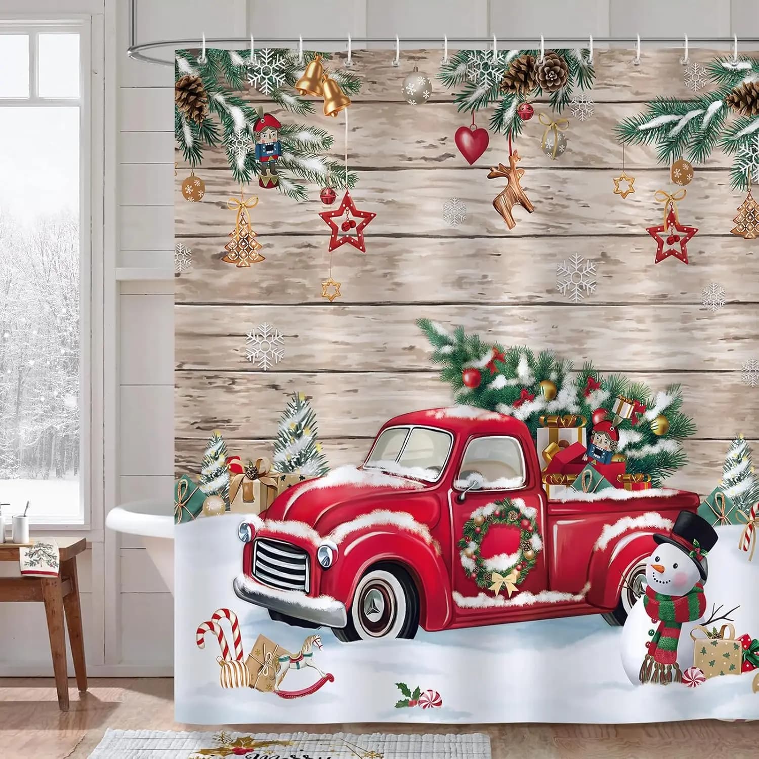Tenda da doccia natalizia per camion rosso con motivo albero di Natale e pupazzo di neve, tessuto in poliestere impermeabile per decorazioni per il bagno delle vacanze invernali