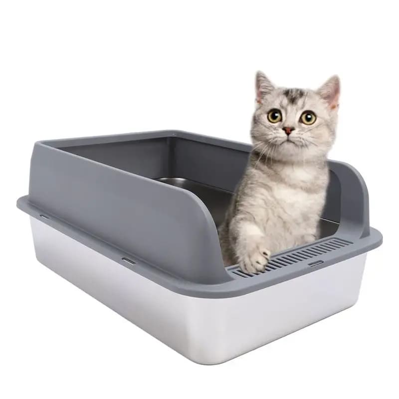 High Sided Semi-Enclosed Stainless Steel Litter Box With Lid Anti-Splashing Easy To Clean For Cats Grey-AT36