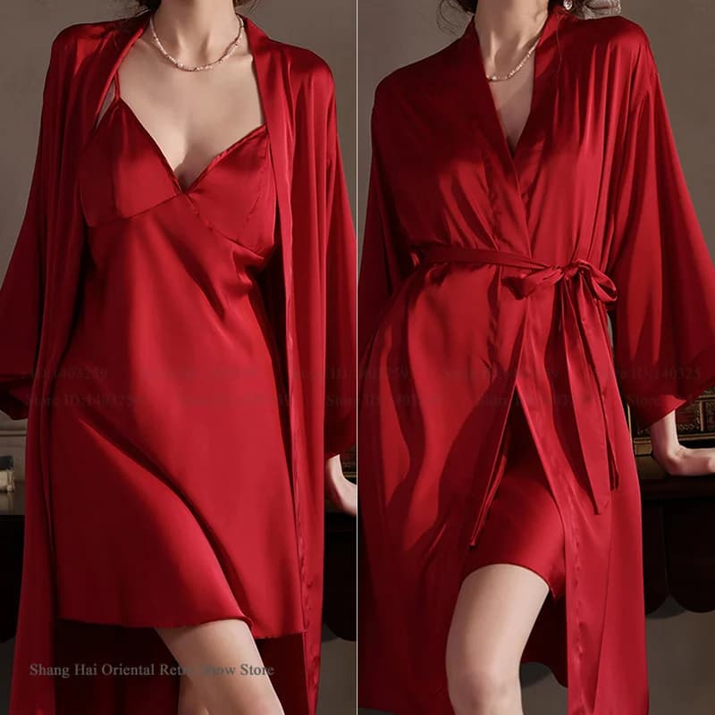 Set Pigiama Sexy in Seta e Raso per Donna, Vestaglia e Camicia da Notte, Nuovo Abbigliamento Casual Estivo per Casa