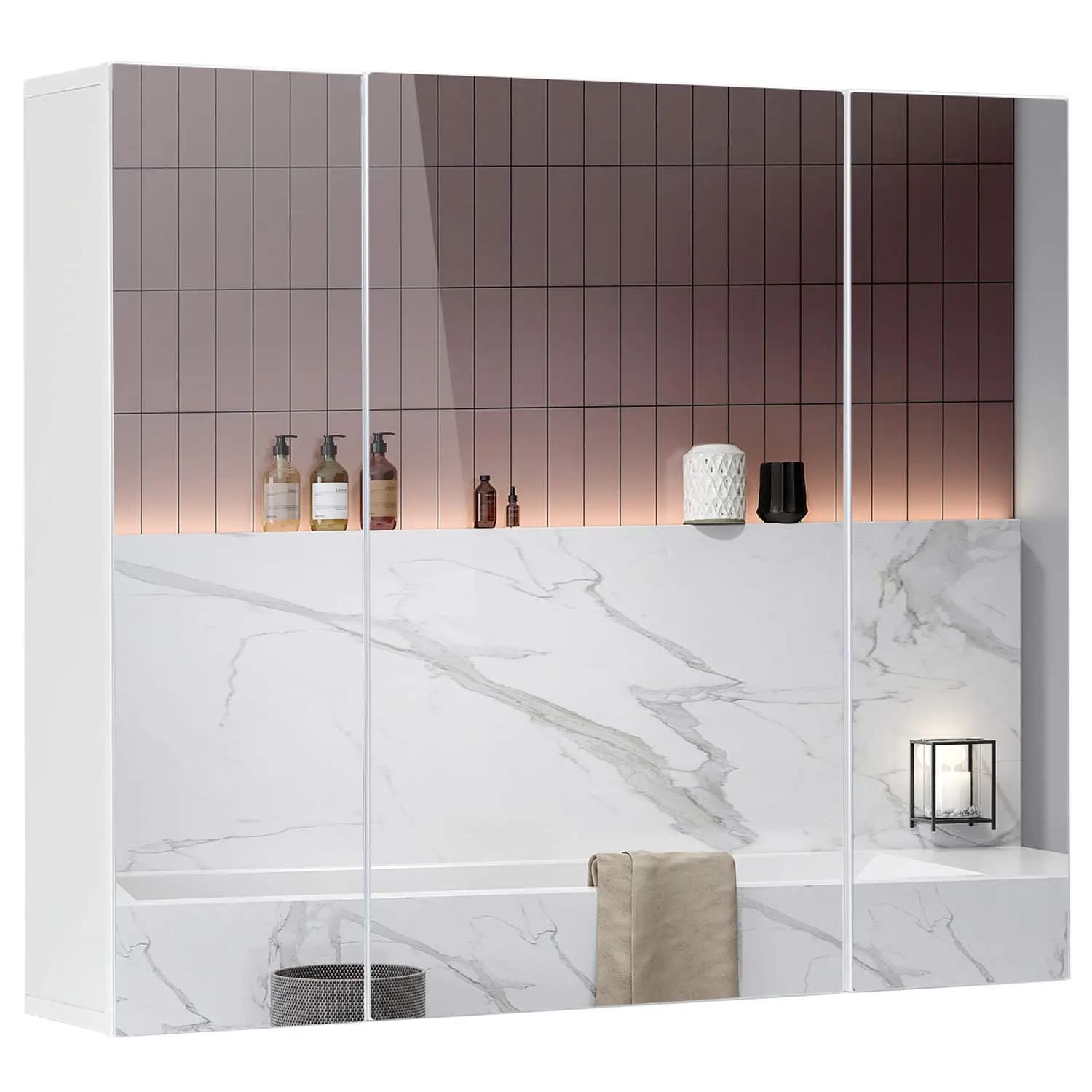 Armadietto Portamedicinali con Specchio per Bagno, 3 Ante, 70x60 cm, Mobile da Parete con Specchio, Personalizzabile