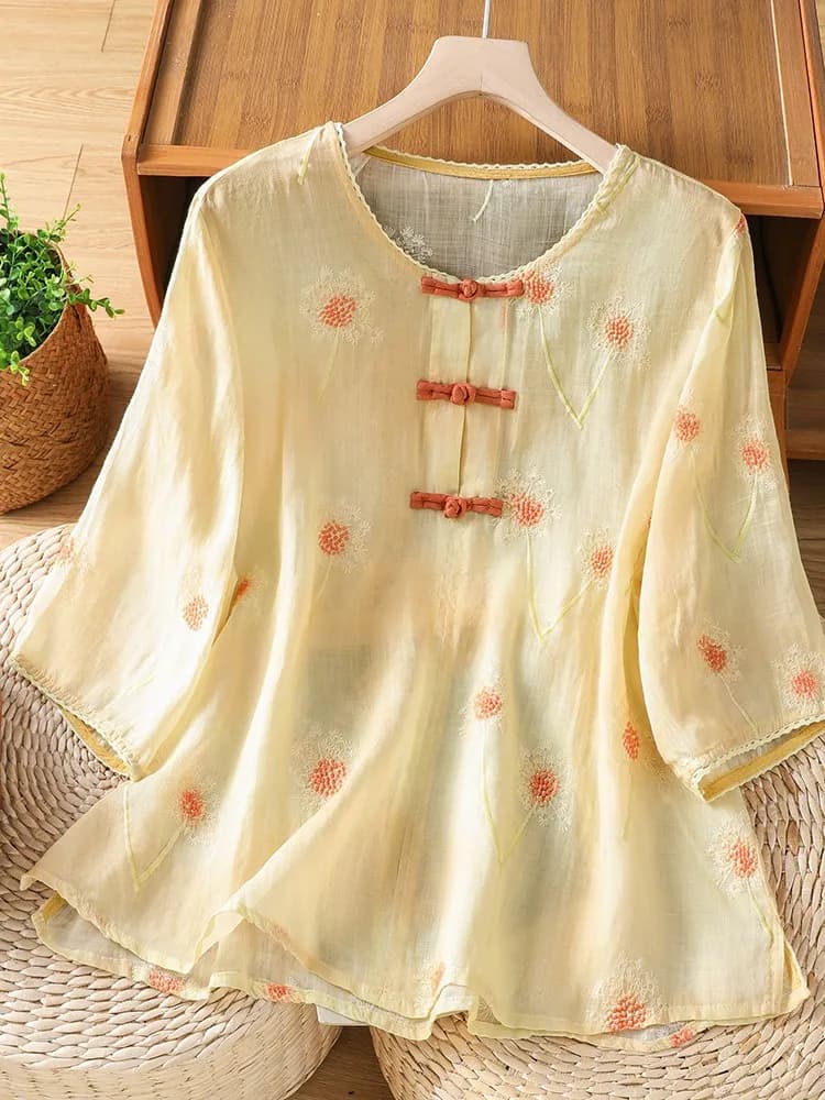 Elegant Embroidered Cotton Linen Blouse Women's Summer Fashion Age-Defying Retro Button-Placket Ruffle Collar Top