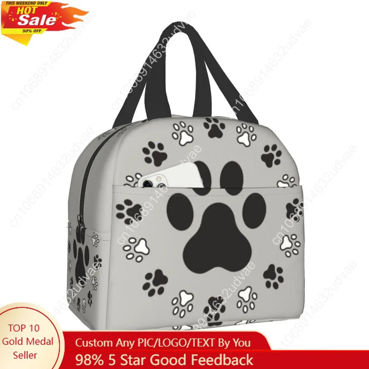 Impronte di carlino animale Scatola da pranzo portatile da donna Impronte di carlino di gatto e carlino a tenuta stagna in nero Borsa da pranzo isolata per alimenti