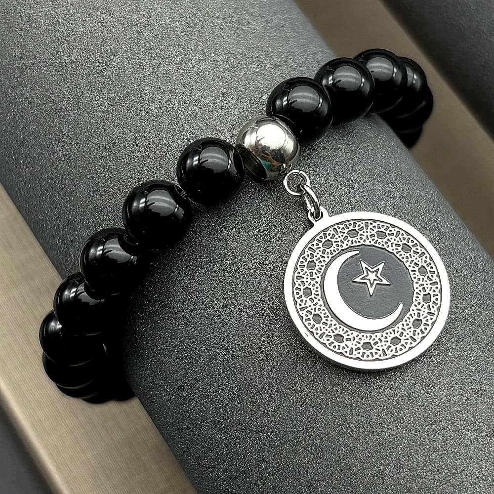 Musulmano Islam Crescent Moon Star Bracciale in acciaio inossidabile per donna Uomo Smalto nero Ematite Perline Catena a mano Amuleto Gioielli