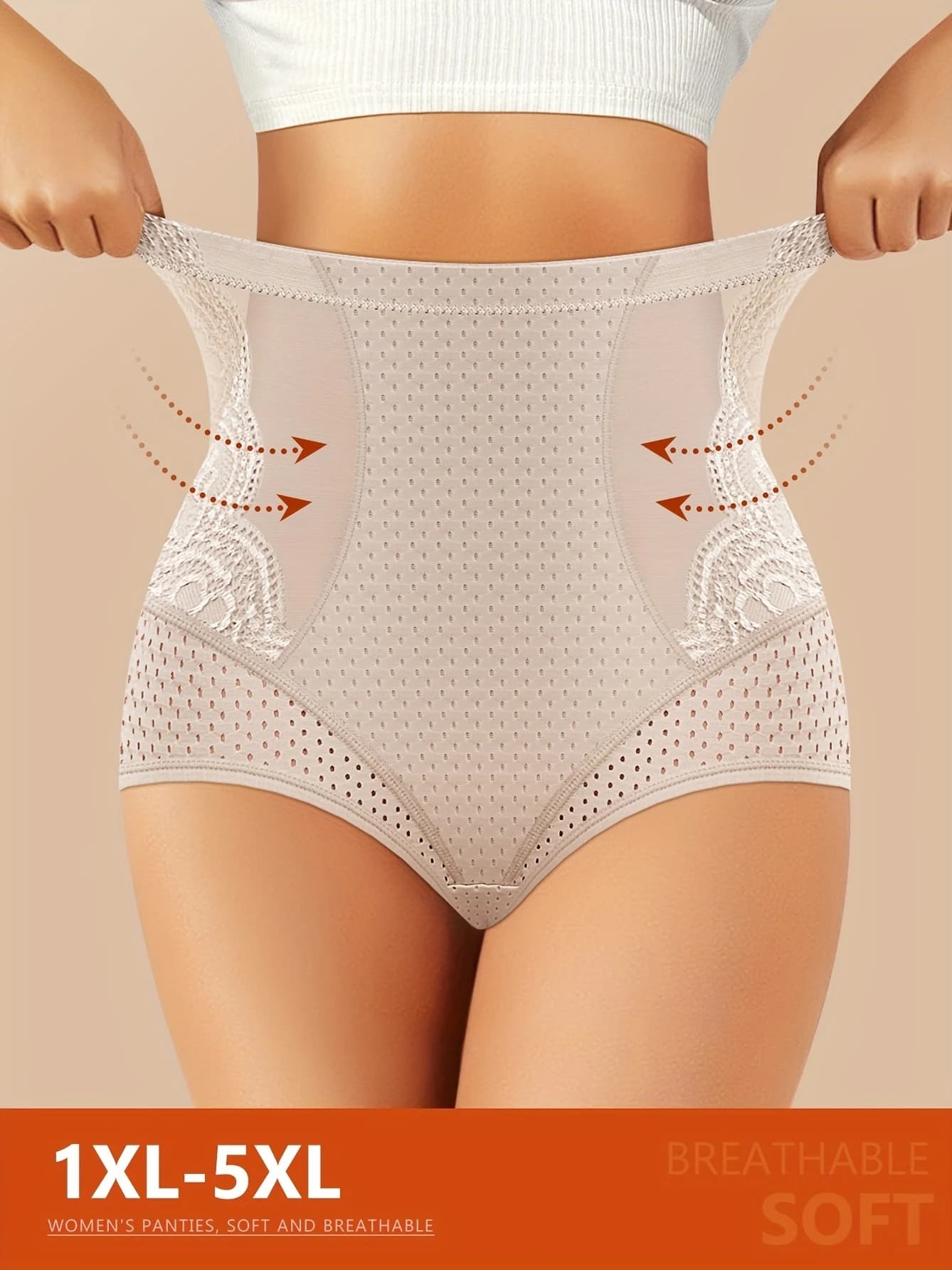 1 pezzo di biancheria intima da donna a vita alta taglie forti - Slip contenitivi per la pancia in rete traspirante con finiture in pizzo, 1XL-5XL, morbido estivo
