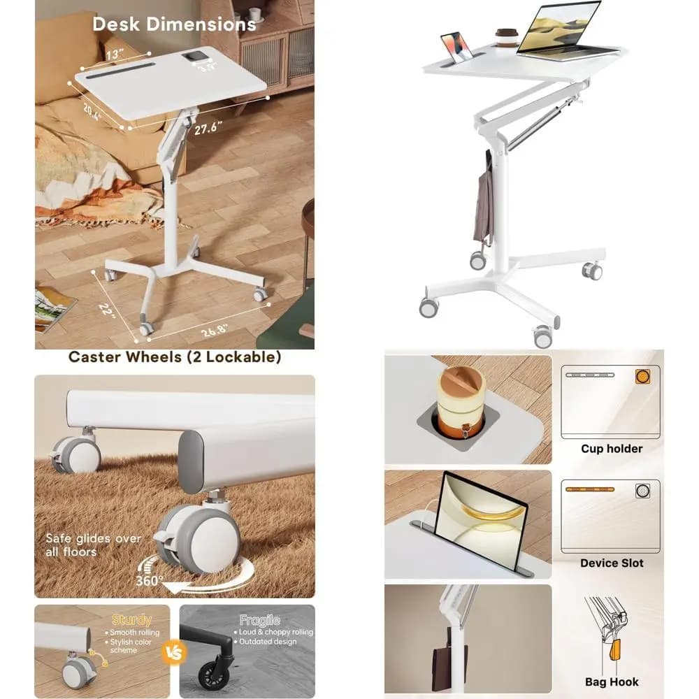 Scrivania Regolabile in Altezza 28, Tavolo Portatile per Laptop con Ruote Bloccabili, Ergonomica per Casa o Ufficio, Bianca
