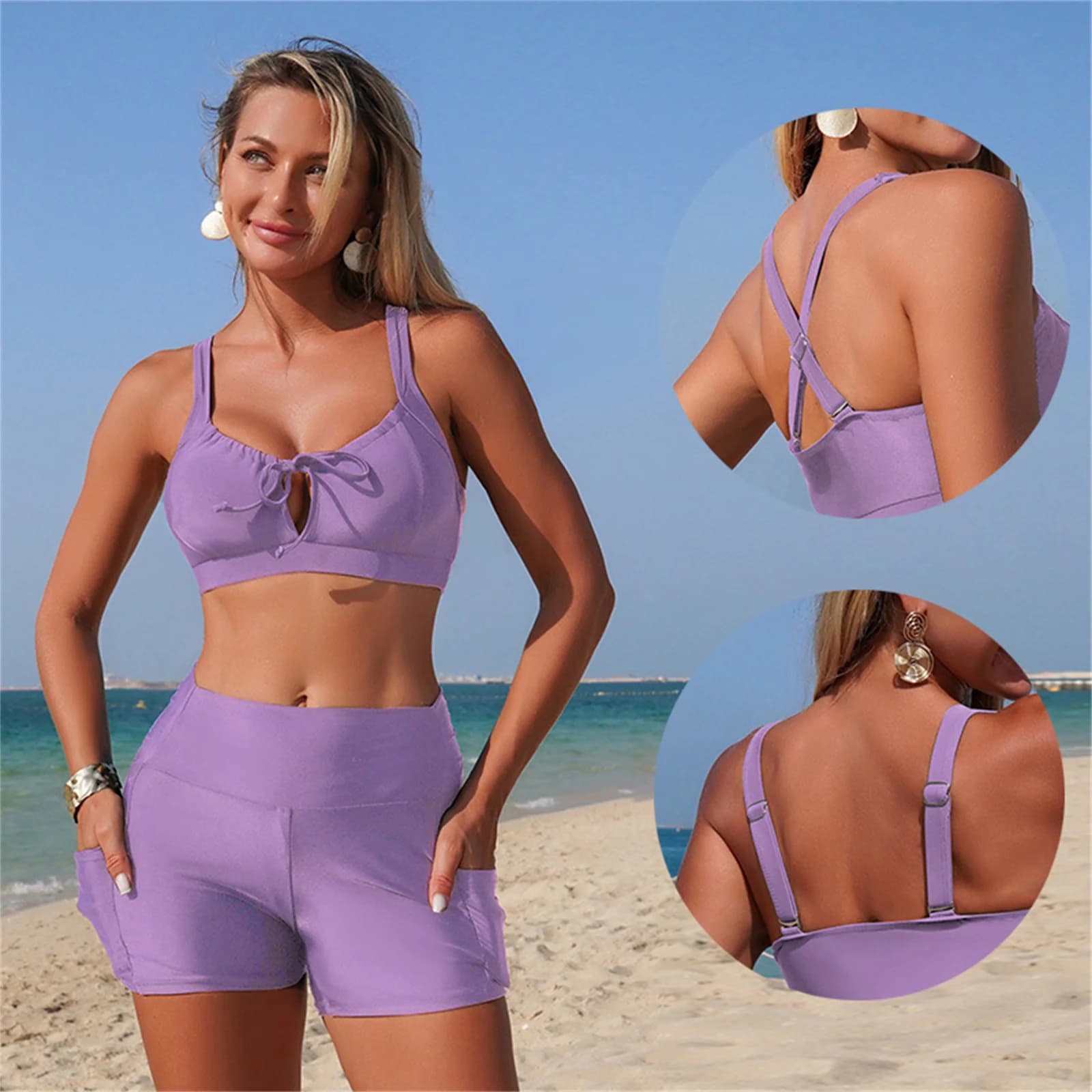 Bikini da Donna Due Pezzi, Costume da Bagno Tinta Unita, Costume Sportivo Casual a Vita Alta con Tasche