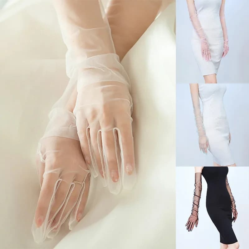 Women's long gloves in 55 cm ultra thin tulle, in transparent mesh, whole fingers, long up to the elbow, vintage, for sun protection, for wedding dress