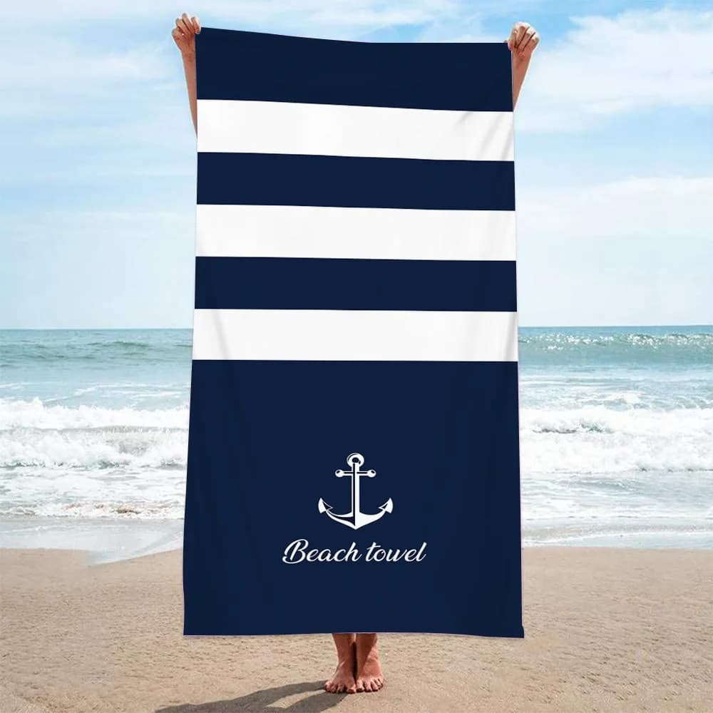 Telo Mare a Righe con Ancora Nautica - Blu Navy e Bianco, Asciugatura Rapida per Spiaggia Estiva, Piscina, Crociere, Viaggi e Bagno