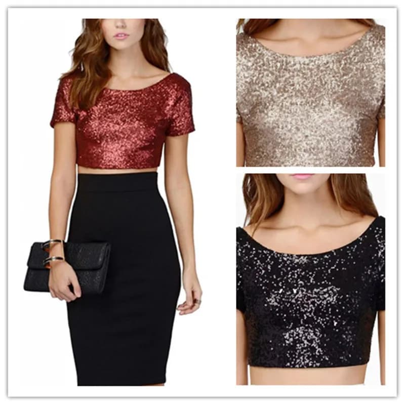 Sexy Beaded Crop Top Bared Back Belly Short Sleeve Women's T-shirt Straight Cut Blend Fabric Splice Thickened Spring Ladies' ...