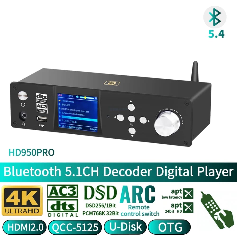 4K HDMI2.0 DAC Converter 5.1CH Audio Decoder with Bluetooth5.4 APTX Qcc5125 DTSHDAC3 DSD 768KHz ESS9038q2m ARC for PC/U-Disk/OTG