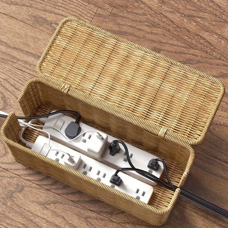 Craft Rattan Cable Car Box - Resistant PE Material, Rustic Style with Cover, Multi-Spart Container for Electric Cables
