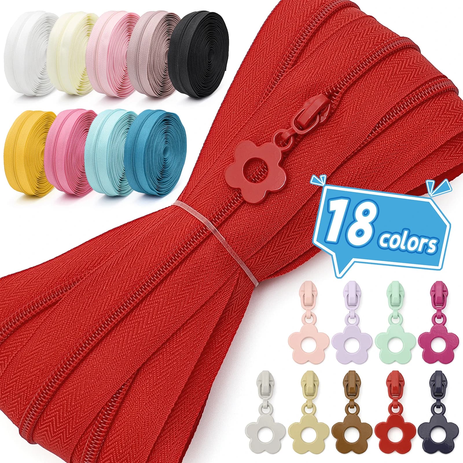1 set = 450 cm /5 iarde di cerniera + 10 tiretti con cerniera, 3 # Cerniere colorate in nylon, con tiranti con cerniera a fiori abbinati, disponibili in 18 colori, adatte per cucire su abbigliamento, copripiumini, borse, tasche, valigie, artigianato fai da te, ecc.