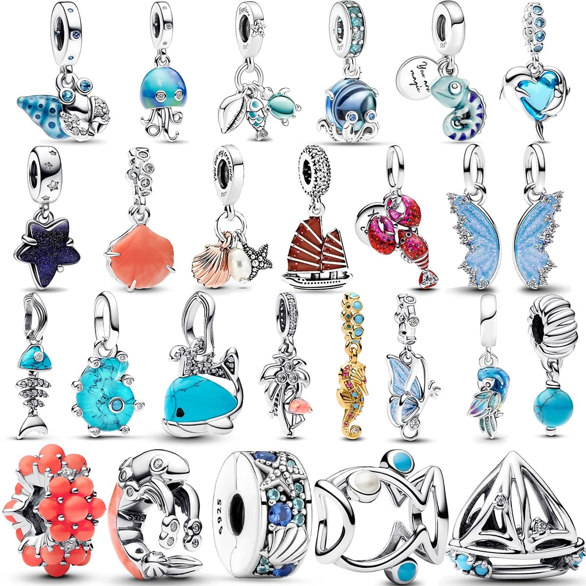 Original 925 Silver Ocean Series Pendant with Sea Star, Shell, Turtle, Sailing, Suitable for Women's Necklaces, Bracelets, DIY Jewelry
