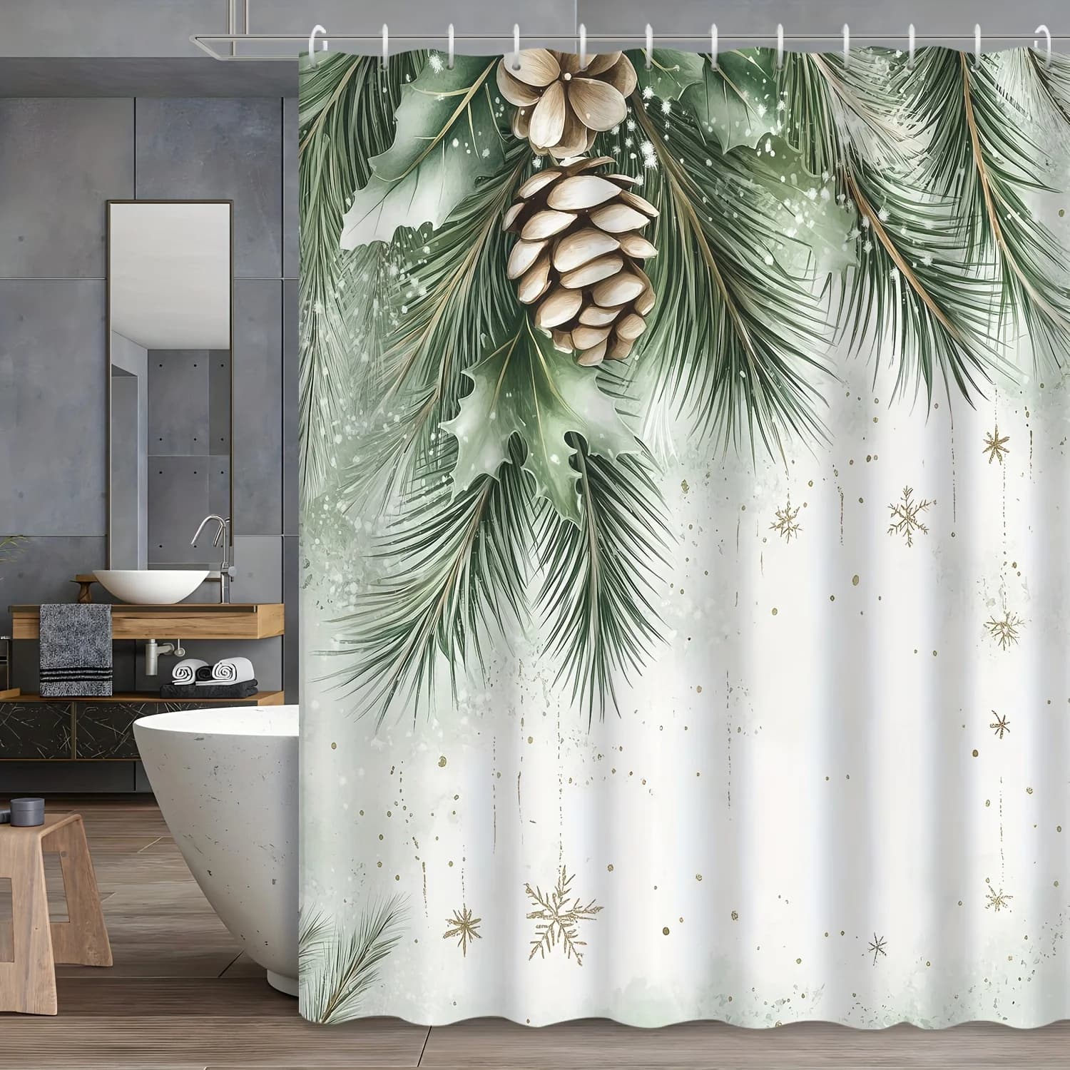 Tenda da doccia natalizia festiva con ramo di pino e fiocco di neve - Decorazione da bagno in poliestere a tema verde