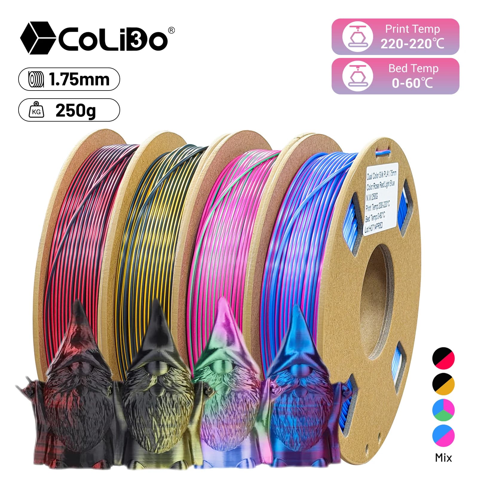 Silk PLA 1,75 mm, 3D printer filament package, 4 rolls mix 1 kg total, 250 g per coil, dimensional accuracy +/- 0.02 mm per bambulab