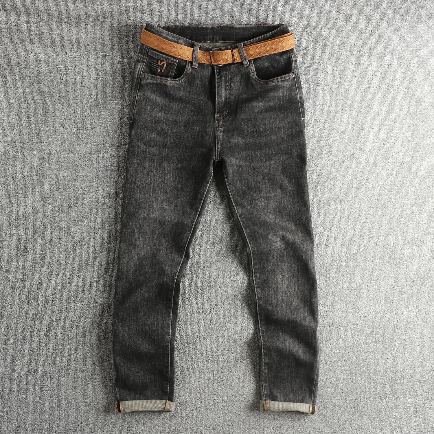 Washed Vintage Deep Grey Men's Jeans with Belt 3D Tailoring American Style Slim Straight Long Trousers Casual Cotton Polyeste...