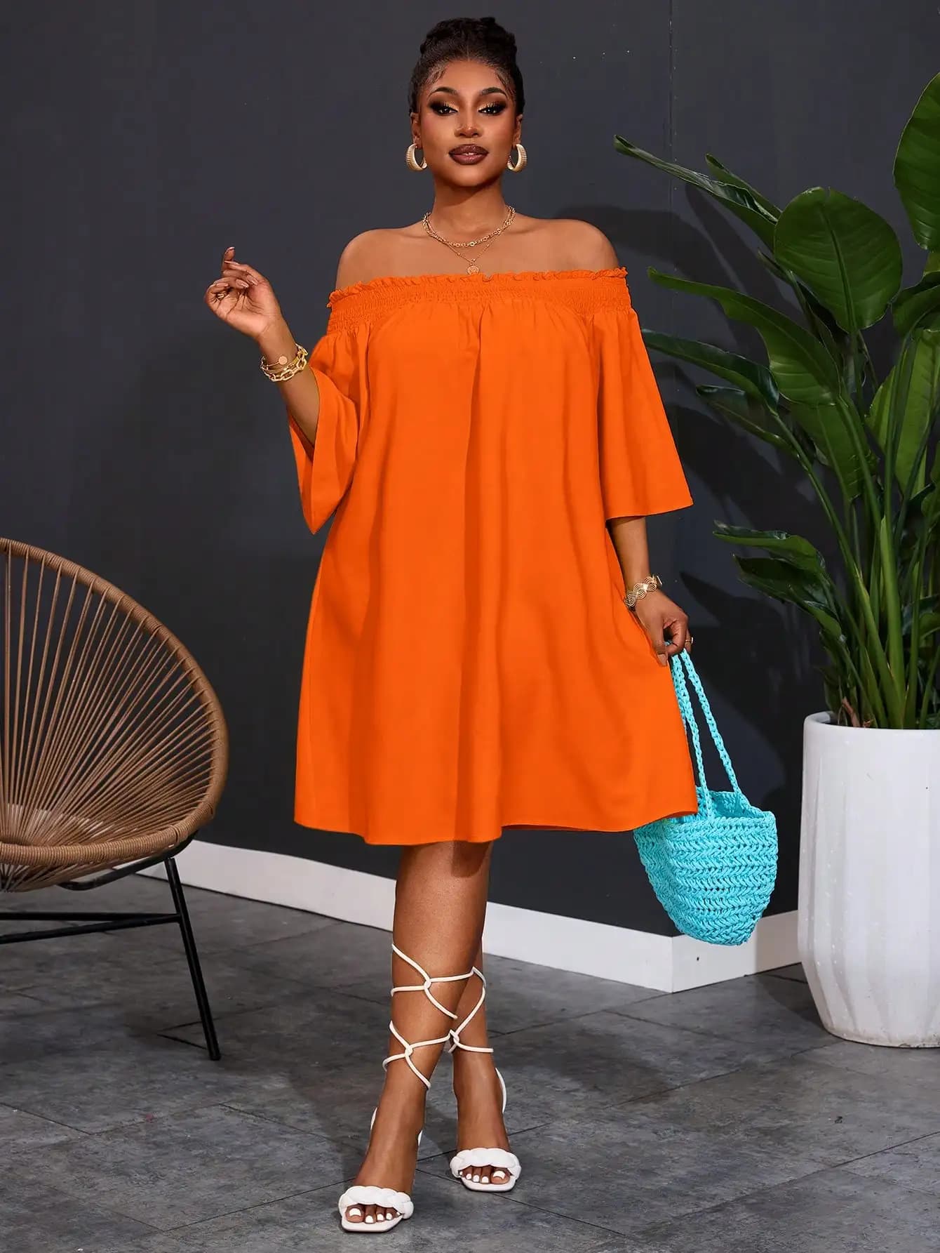 Slaydiva Plus Size Women Off Shoulder Elegant Commuter & Vacation A-Line Dress,Summer Outfits For Women