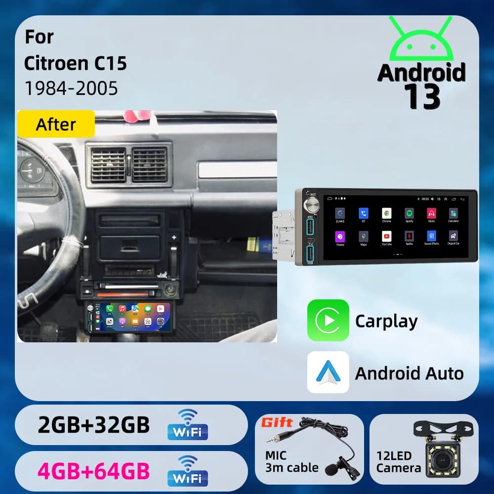 6.86 inch Android 1Din Car Screen Car Multimedia Autoradio Radio Head Unit Stereo for Citroen C15 1984-2005 Carplay GPS