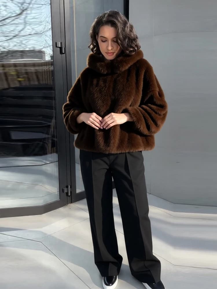 Maglione con Cappuccio in Morbida Pelliccia Sintetica, Top Femminile Chic Casual Tinta Unita, Manica Lunga Larga, Abbigliamento Streetwear Primavera Autunno