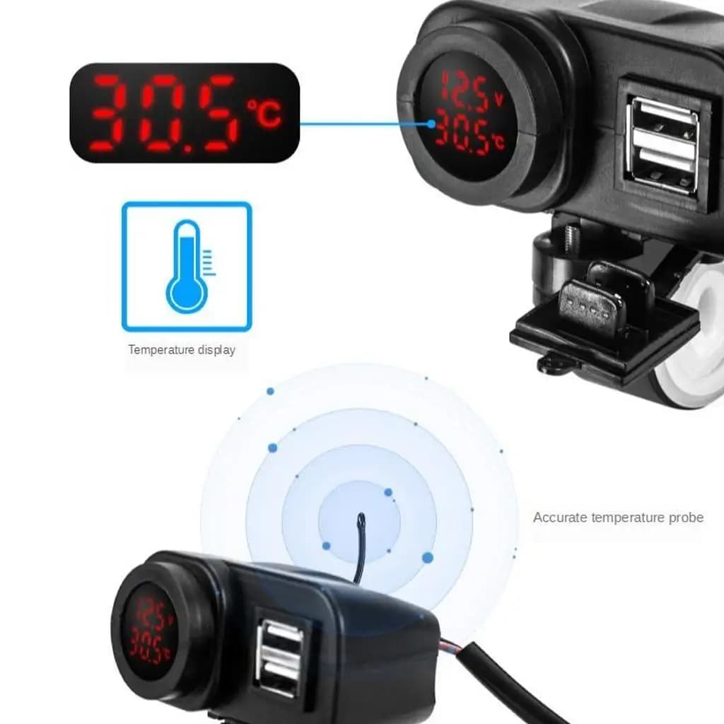 Caricatore per Moto, Presa di Alimentazione USB Doppia in Plastica Impermeabile con LED per Scooter e ATV