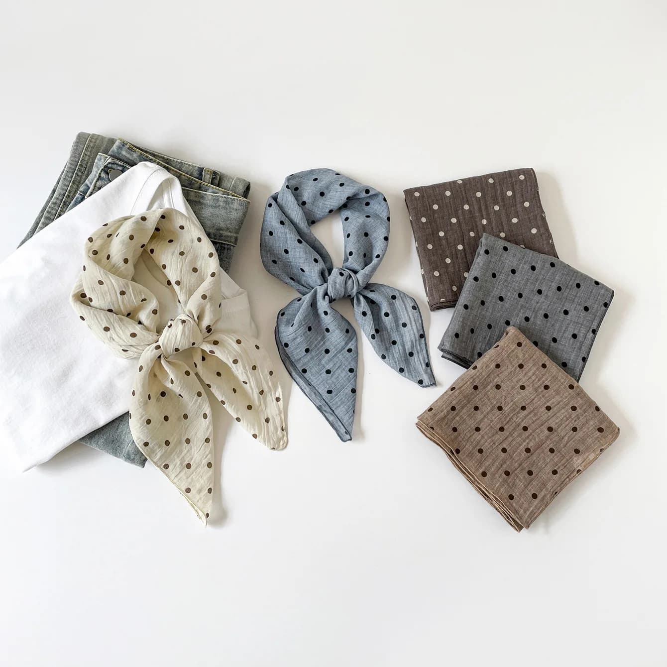 Cotton Square Scarf 70cm Polka Dot Vintage Literary Style Soft Breathable Summer Sun Protection Neck Wrap Gift
