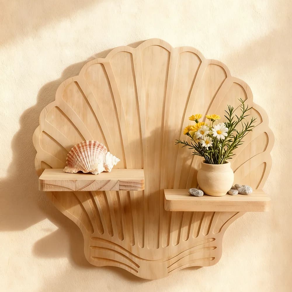 Bohemian Style Shell Shape Wall Planter Wood Hanging Shelf Creative Home Decor Flower Pot Holder Rustic Wall Organizer