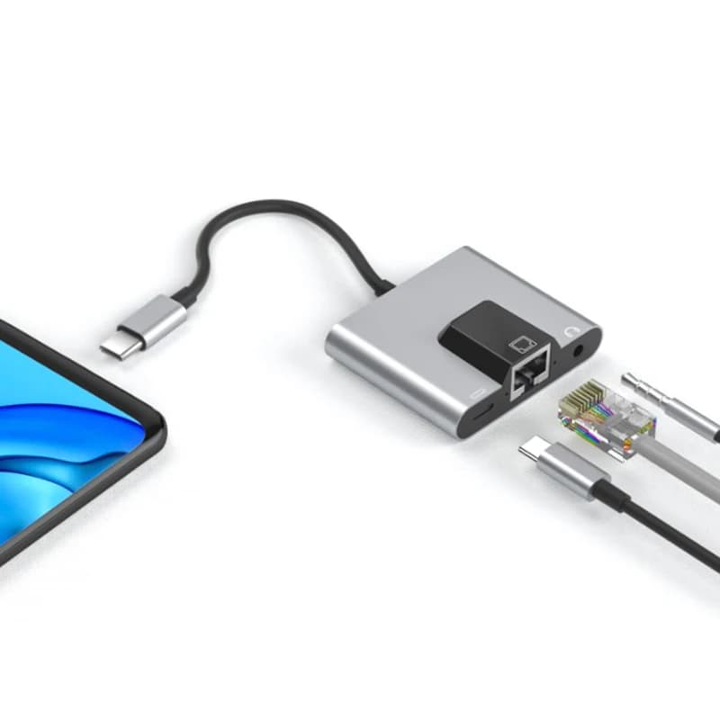 Type-C to Ethernet LAN Adapter USB C Hub with 3.5mm Audio PD Charging for Laptop Phone Tablet