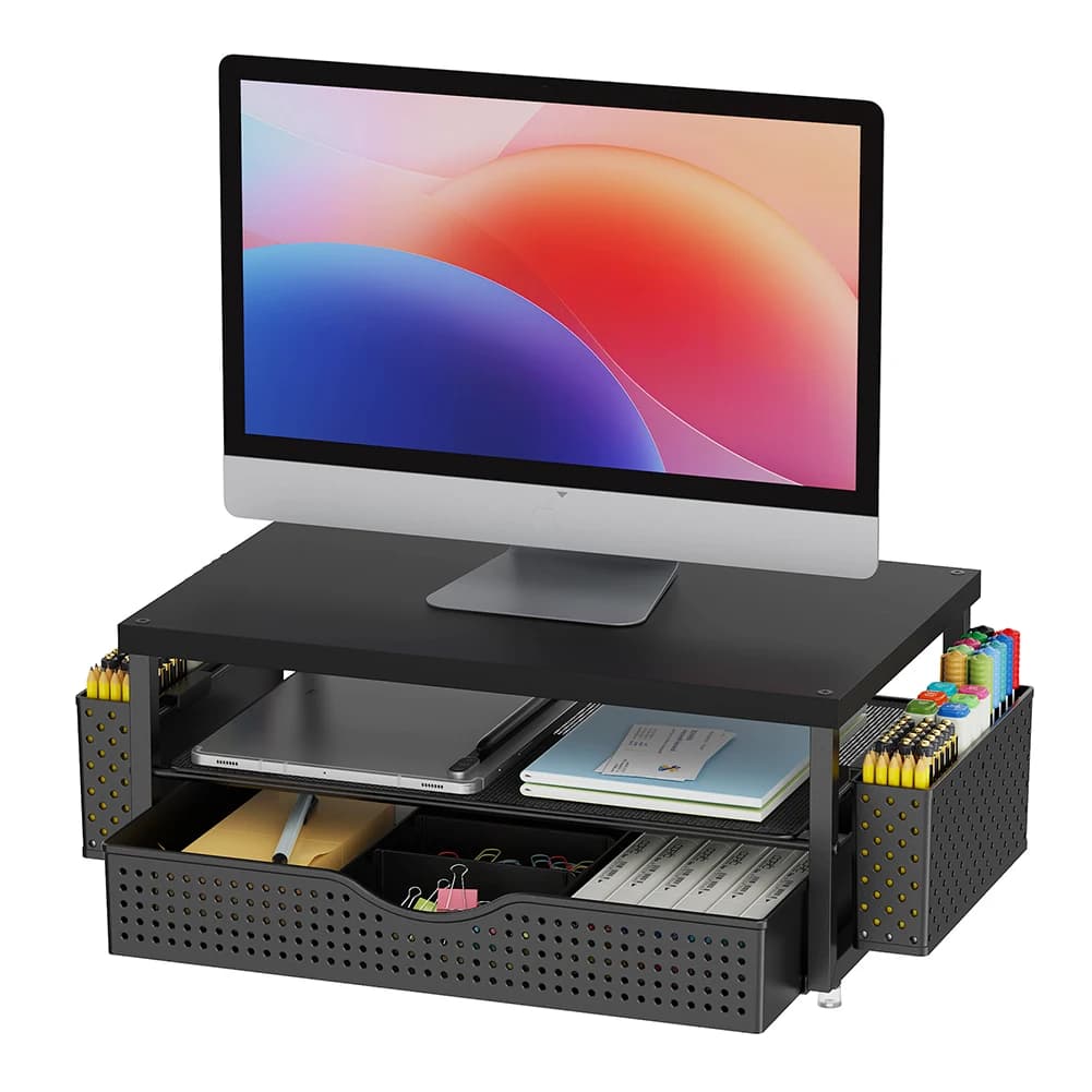 Supporto per Monitor a 2 Livelli con Cassetto e 2 Portapenne, Organizzatore da Scrivania per Ufficio