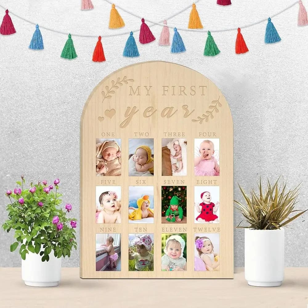 Visualizzazione fotografica del mio primo anno Tavola in legno Cornice per foto del primo anno del bambino Tabellone per 12 mesi Cornice per bambini 1° compleanno
