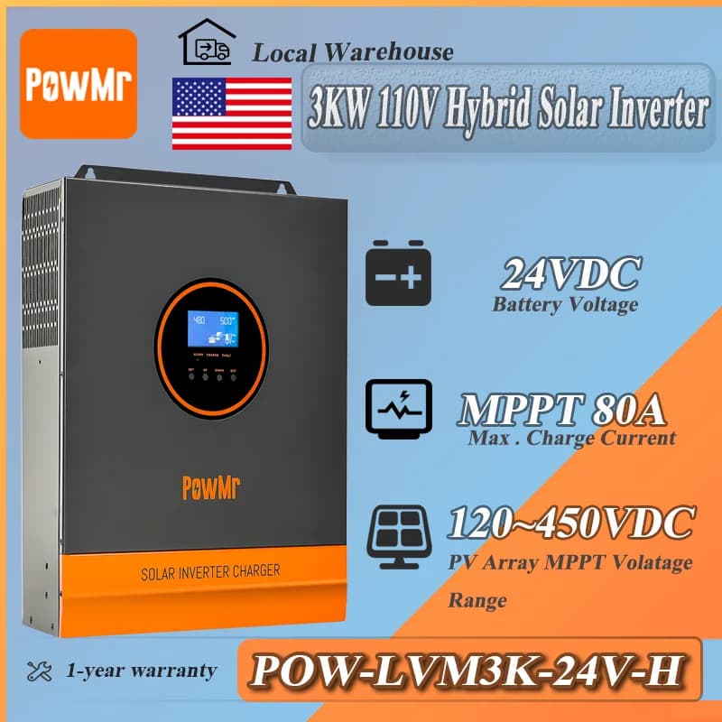 Inverter Hybrid PowMr 24V 3KW Pure Sinusoidal Wave with MPPT Controller Integrated from 120A, 110V Support and Monitoring Real Time Battery RS485