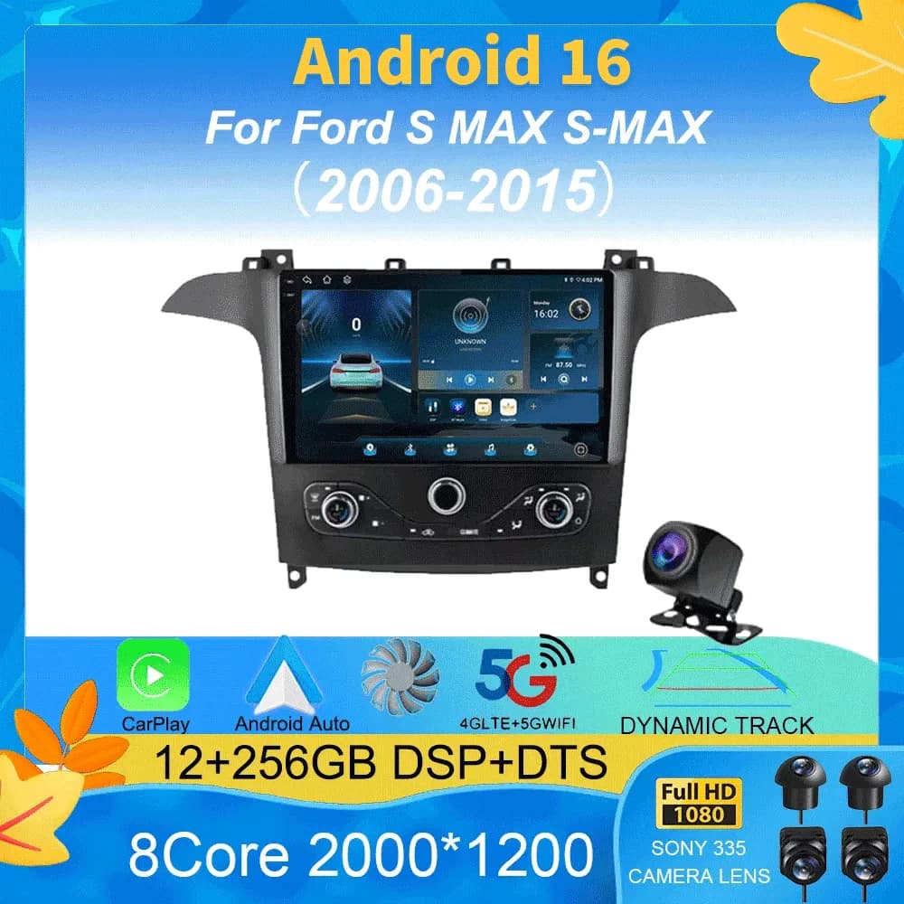 Autoradio Android 16 per Ford S-MAX 2006-2015 e Ford Galaxy 2014 con GPS, Carplay, Lettore Multimediale, Navigazione, Stereo, DSP, DVD