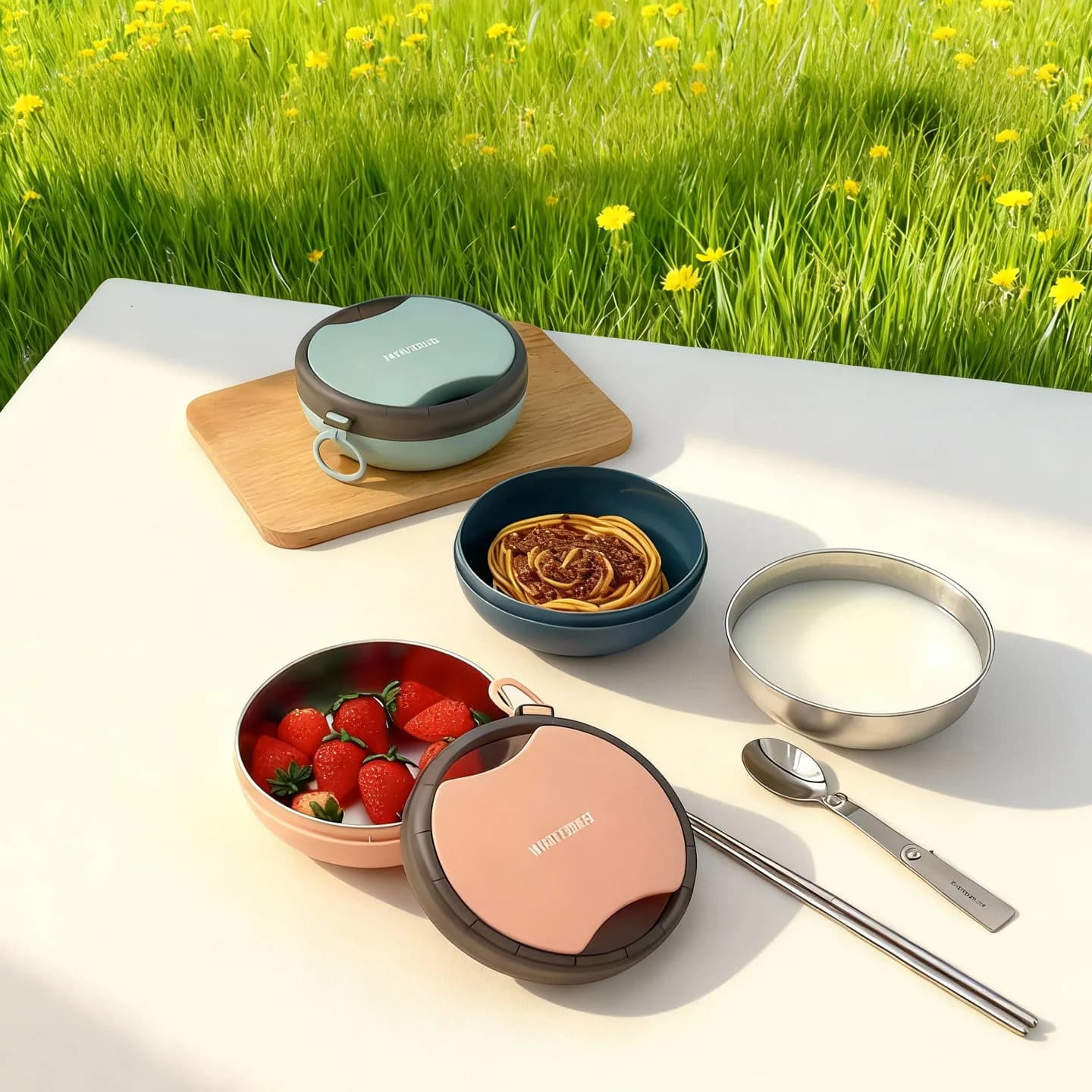 Contenitore per il pranzo portatile in plastica/acciaio inossidabile 304 per bambini e studenti, sigillato, per frutta, insalata e alimenti, con cucchiaio e bacchette.