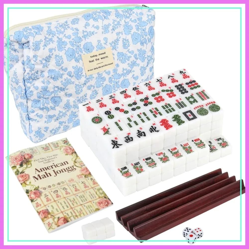 Set Mahjong Americano da Viaggio, 166 Tessere Mini da 0,8 Pollici, 4 Supporti, Borsa, Dadi e Guida, Portatile