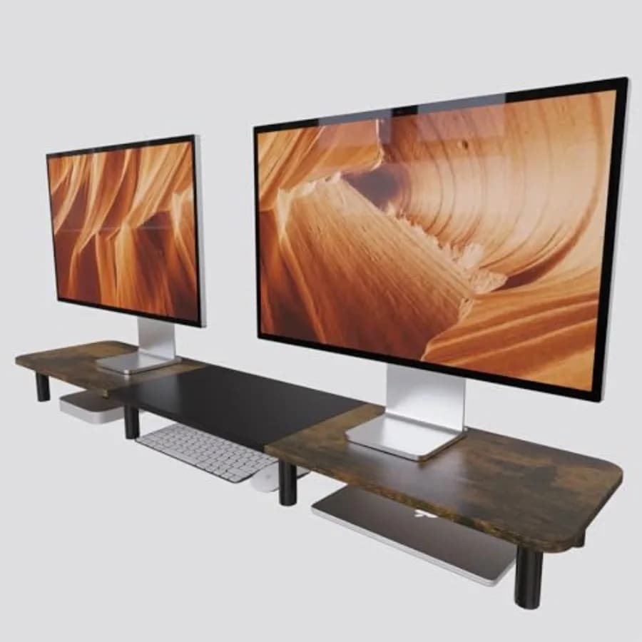 Supporto per Monitor Doppio Extra Lungo 43,7 Pollici in Legno e Acciaio, Supporto per 2 Monitor, Supporto TV Largo, Rialzo per Scrivania