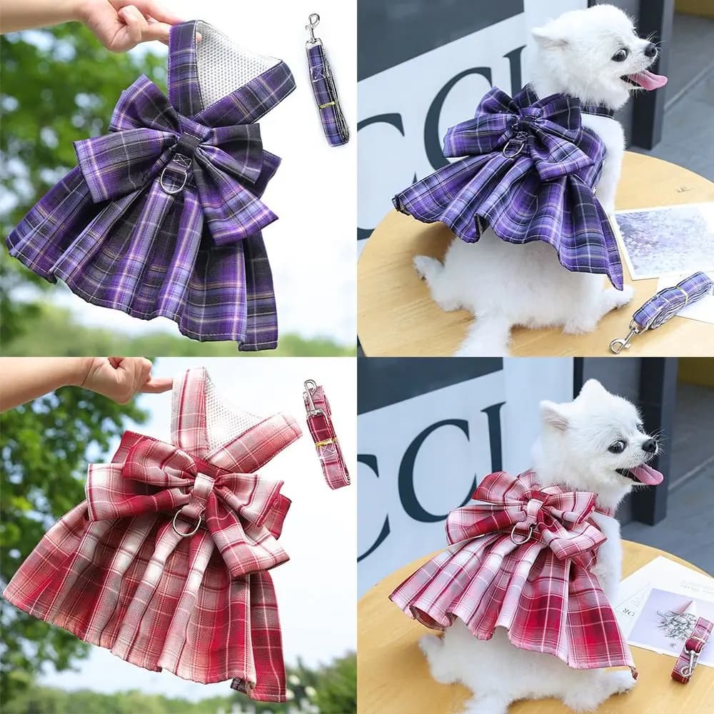 New Adjustable Dog Dress Set Mesh Breathable with Traction Rope Dog Harness Sweet Comfortable Pet Clothes for Small Girl Dogs