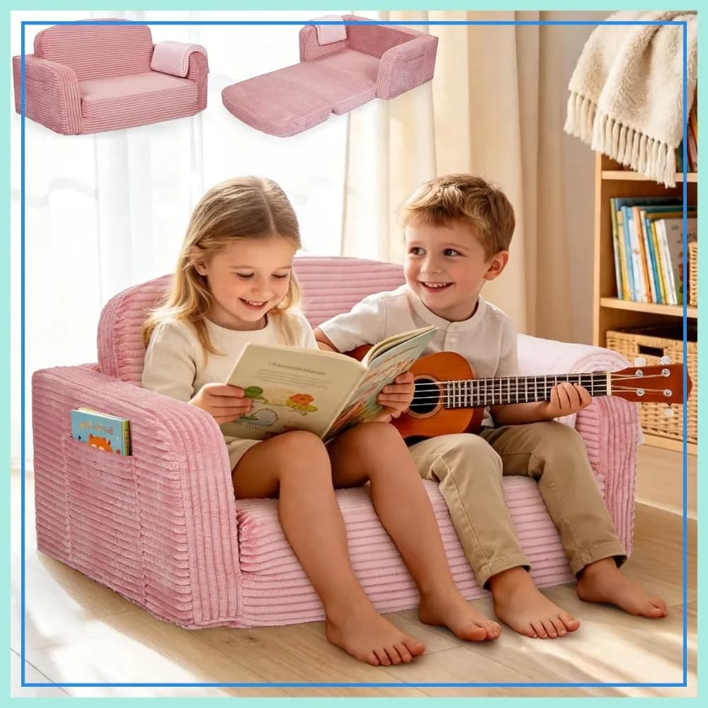 Divano Convertibile Extra Largo 2-in-1 con Vano Portaoggetti e Coperta | Divano Pieghevole in Schiuma | Copertura lavabile in lavatrice, non tossica, rosa