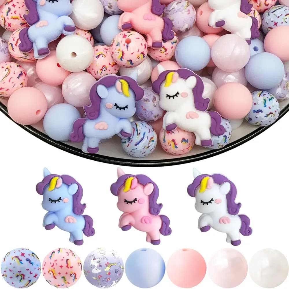 25/32/55PCS Set di perline in silicone 3D arcobaleno unicorno, perfetto per l'artigianato fatto a mano fai-da-te come portachiavi, collane, bracciali, ecc.