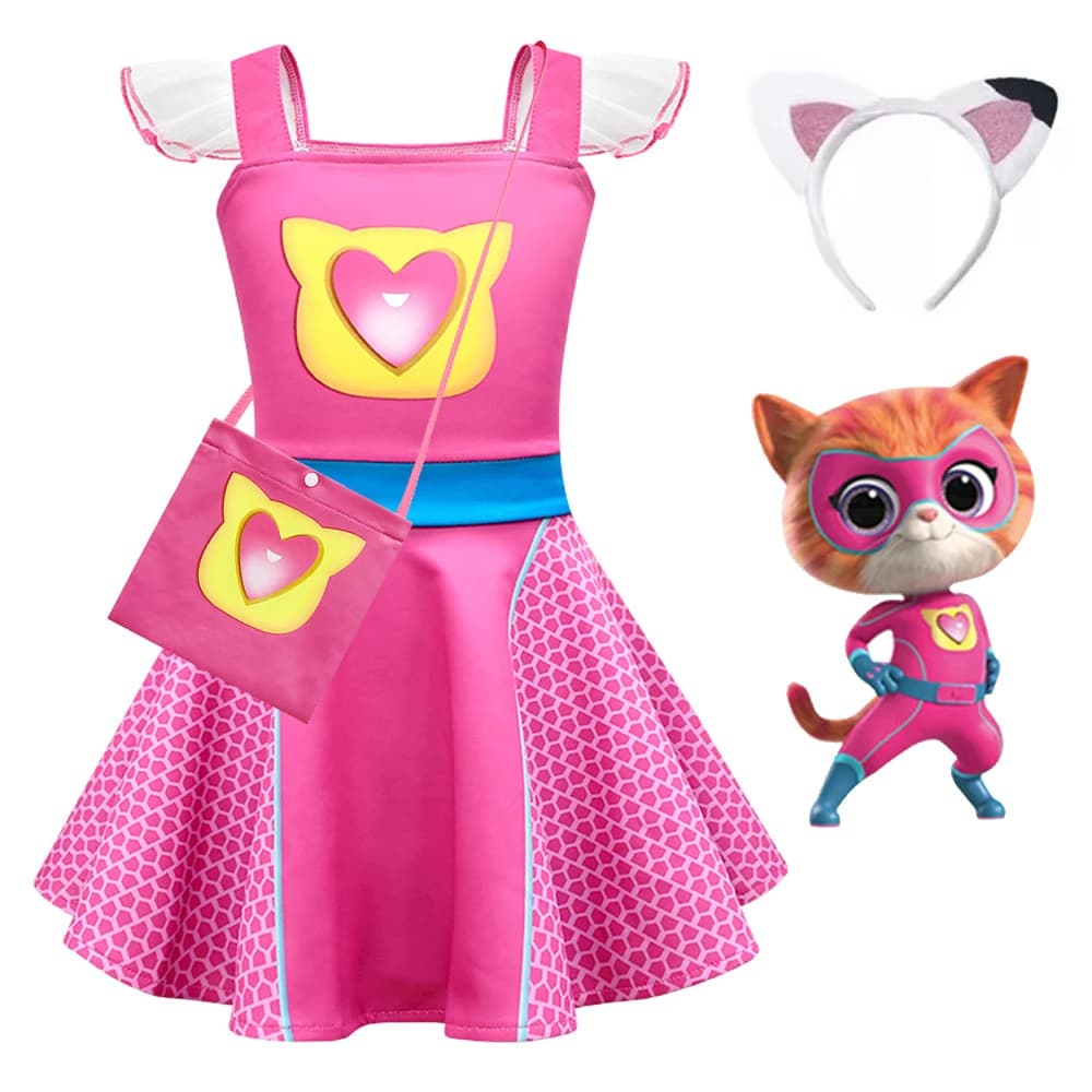 Super-lover-Kitties Girls Cosplay Dress with Bag Cat Ear Headband Kids Costume Summer Flying Sleeves Cause Outfits Birthday Gift