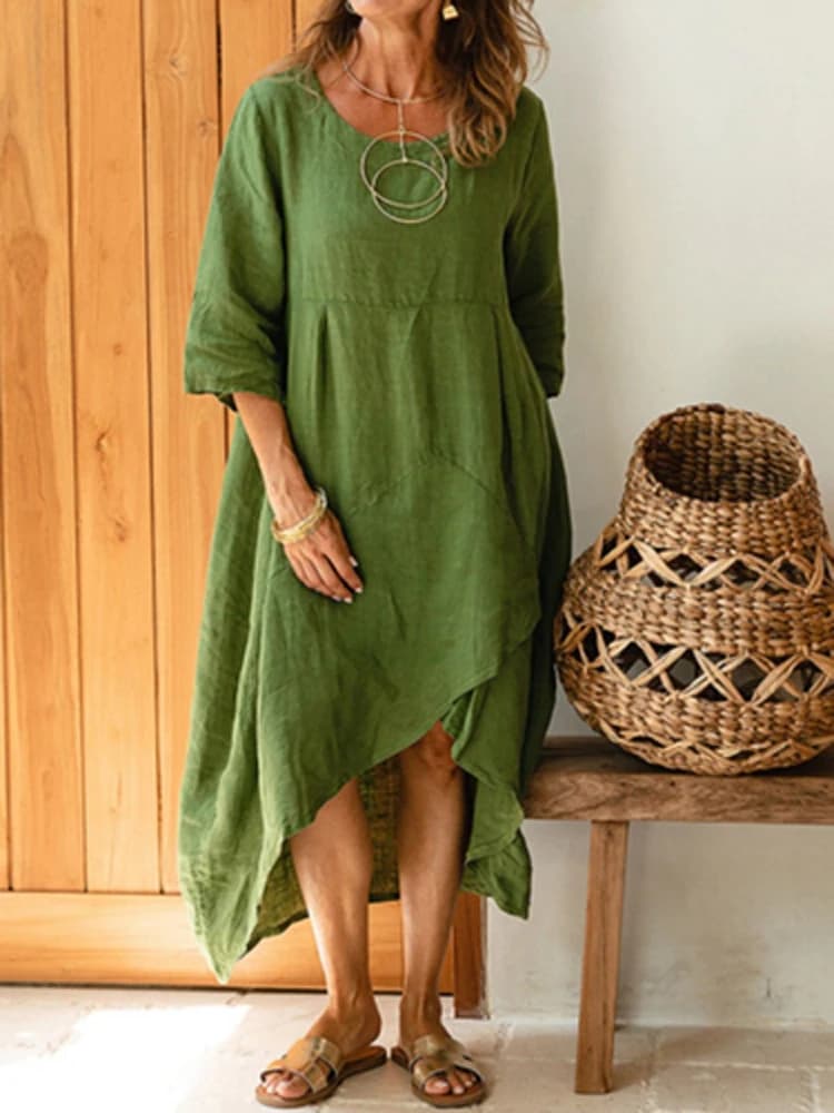 Donne autunno estate moda O collo solido Pullover vestito Casual allentato mezza manica abito irregolare semplice lino ufficio signora vestito