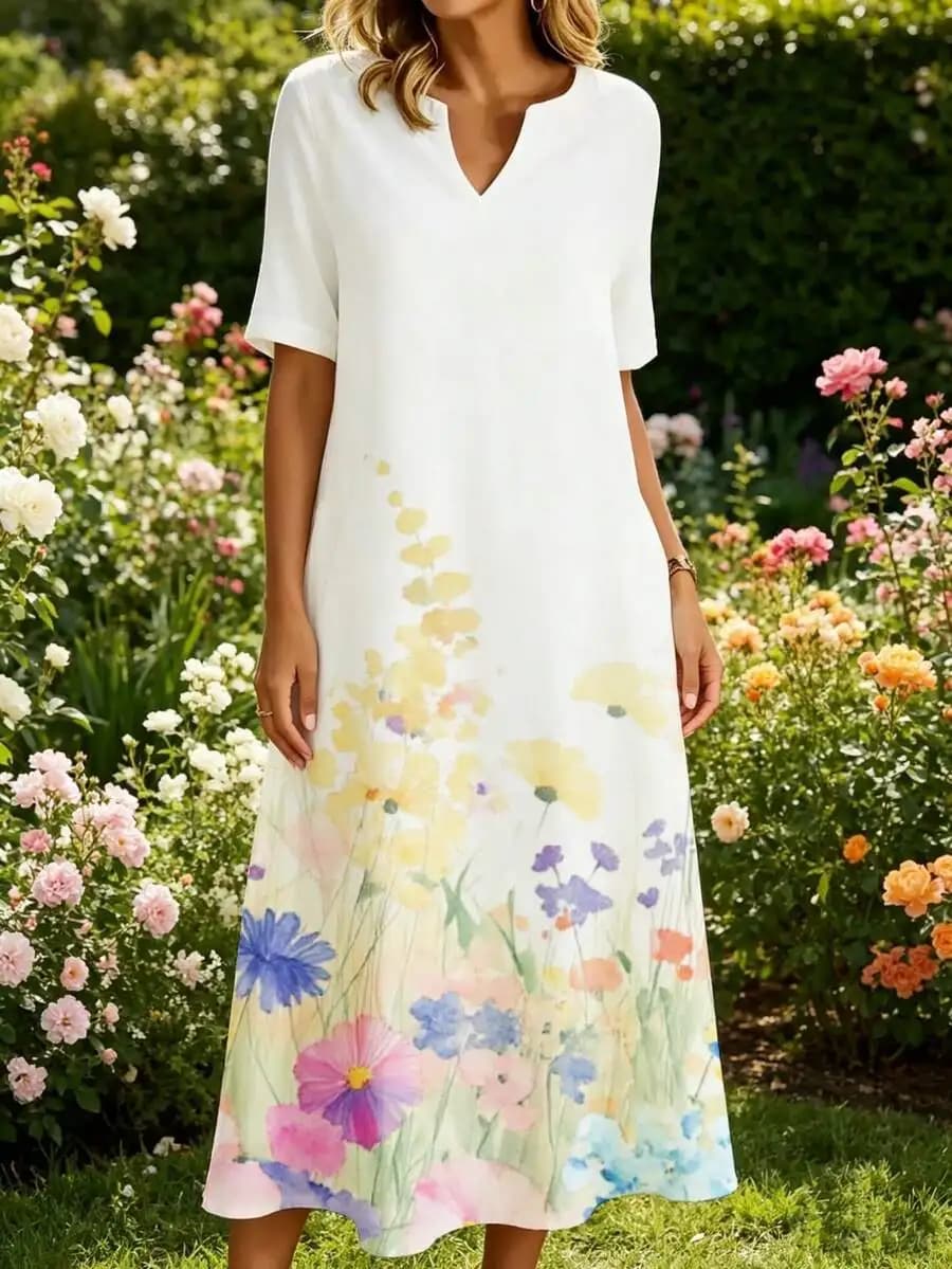 V Neck Short Sleeve Midi Dress White Floral Print Summer Garden Party