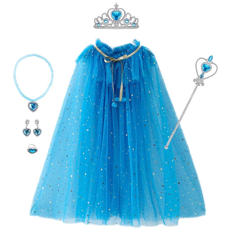 Costume da principessa per ragazza Accessori per feste per bambini Mantello Corona Bacchetta Collana Orecchini Anelli Set Elsa Anna Rapunzel Aurora Mantella in tulle