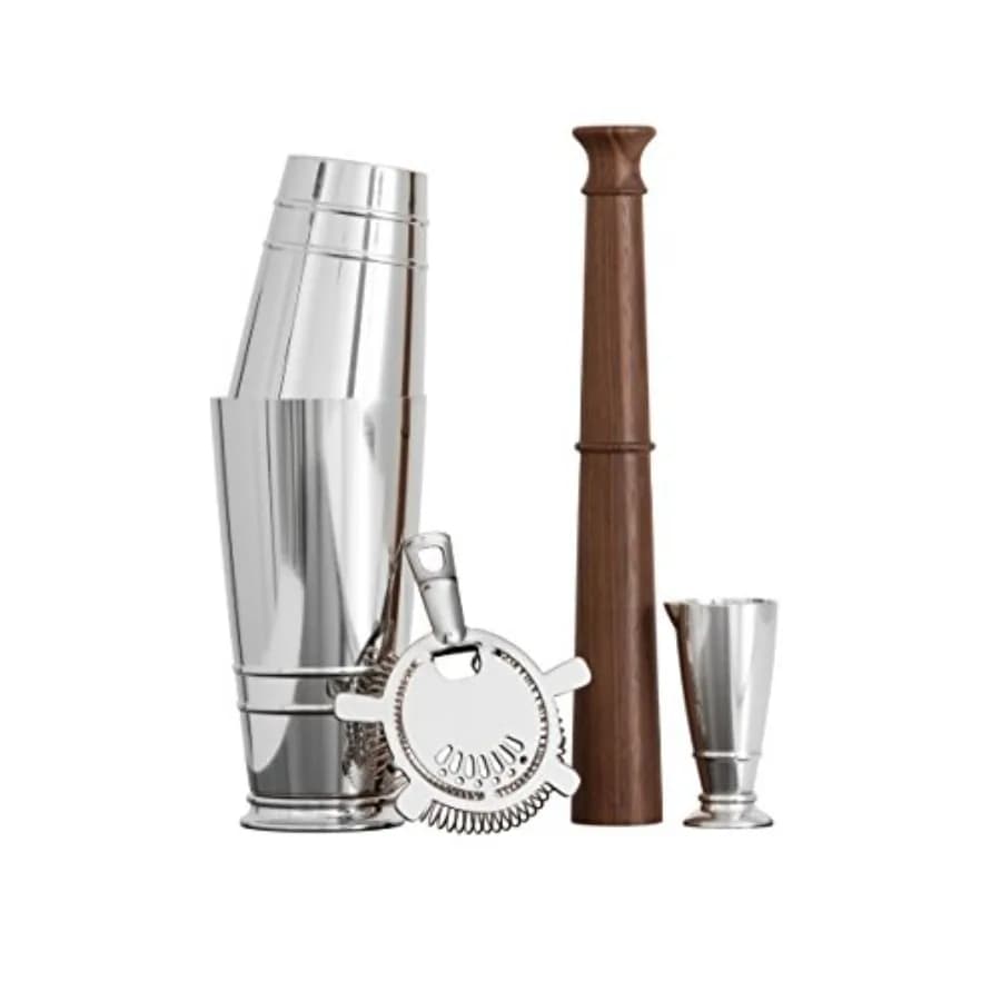 Set Professionale di Strumenti da Bar per Appassionati di Cocktail: Set Shaker Boston in Argento a 4 Pezzi con Componenti di Precisione