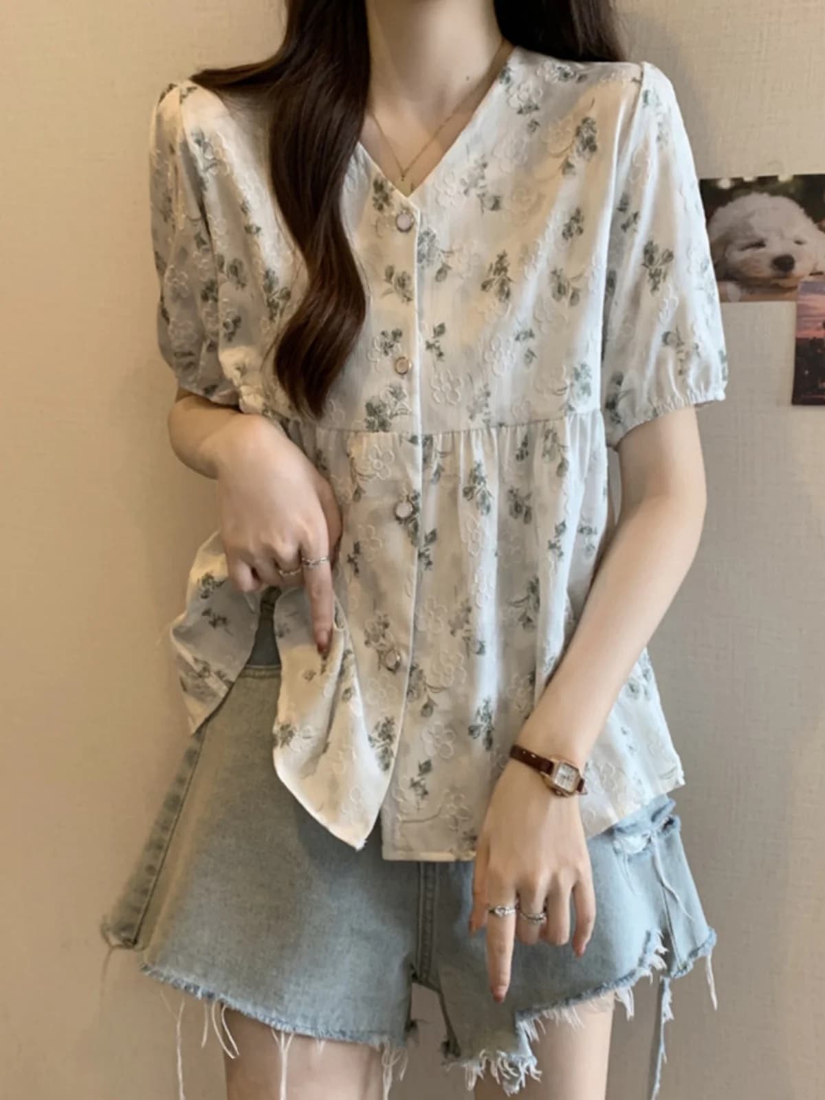 Retro Floral Print Short Sleeve V-Neck Women's Shirt Summer plus Size Conceal Belly Hide Fat Design Slimming Effectiveness