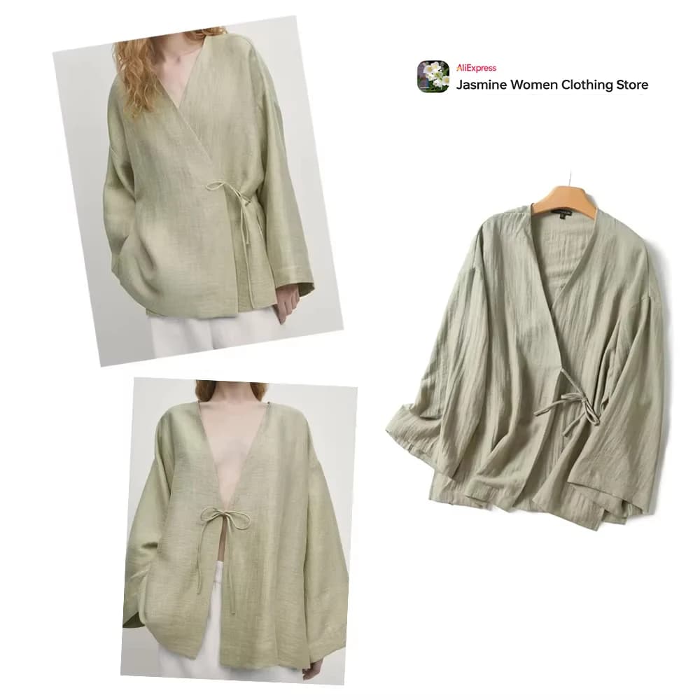 Comoda camicetta verde oliva con lacci Maniche lunghe a caduta Kimono da donna Colletto con scollo a V Cardigan avvolgente Top rugosi con spacco laterale 2 stili