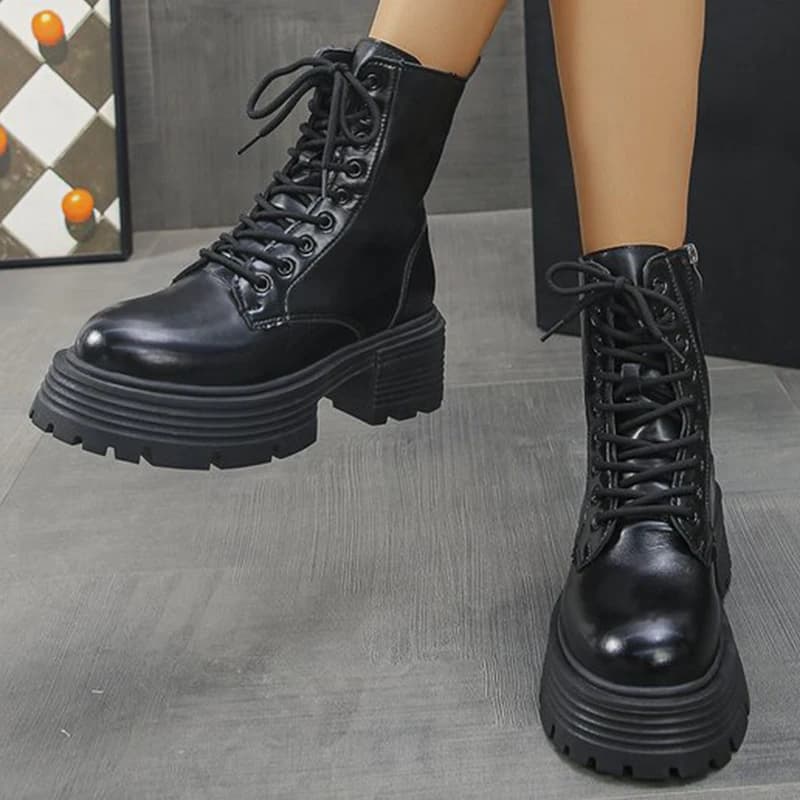 Autunno Inverno Stivali con plateau neri Moda donna Stivaletti con cerniera con lacci Donna Punk Tacco spesso in pelle Pu Botas Mujer