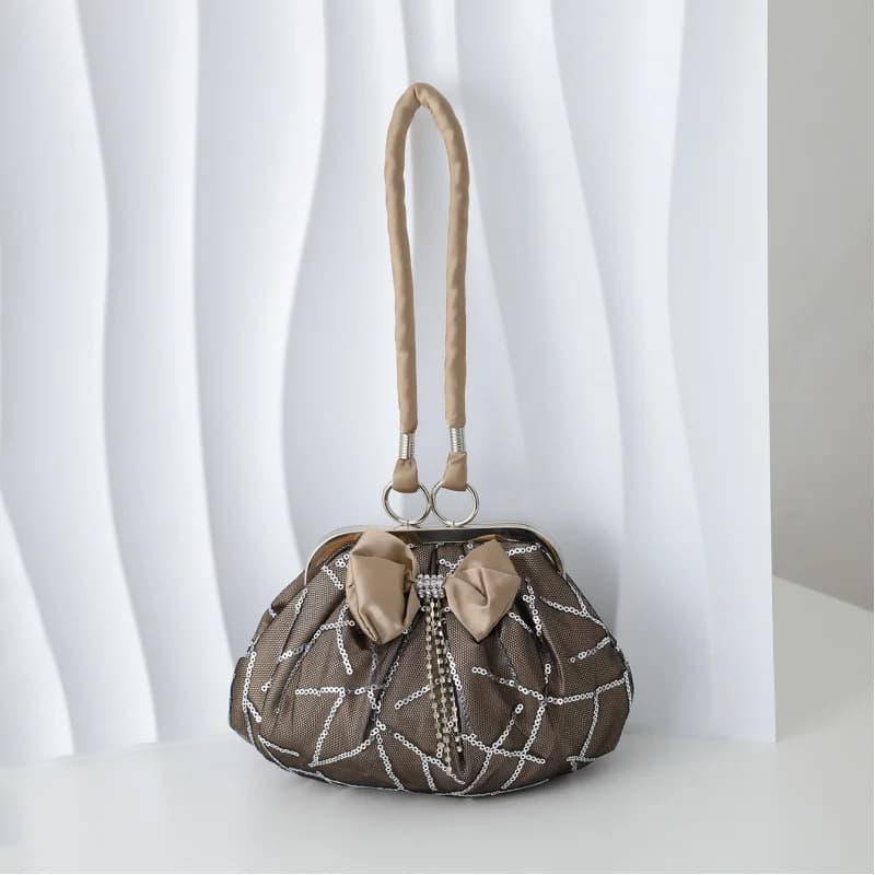 2026New fashion sequin mesh bow handbag with string strap, soft shoulder bag, crossbody bag, high-end evening dress bag