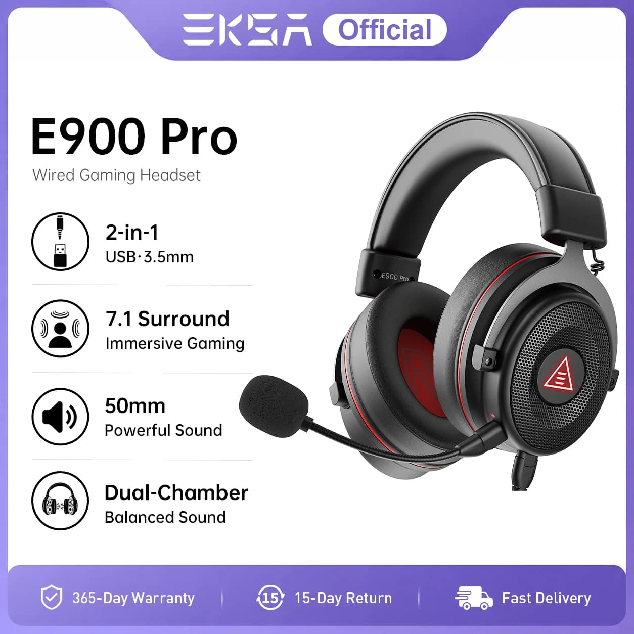 Cuffie da gioco per PC EKSA Over-Ear,E900 Pro 7.1 cuffie cablate Surround Gamer, con microfono staccabile con cancellazione del rumore, per PS5/Xbox